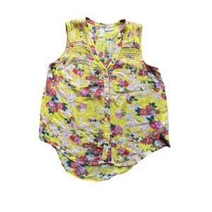 ANTHROPOLOGIE Meadow Rue Womans Size Small Yellow Floral Tank Buttons Lace